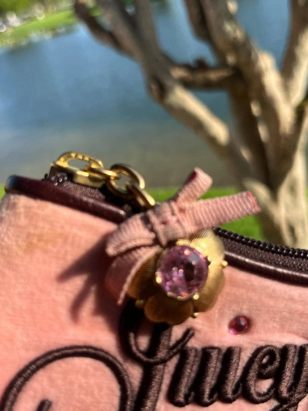 VINTAGE Y2K JUICY COUTURE ROSE EMBROIDERED VELOUR WRISTLET PINK BROWN RARE